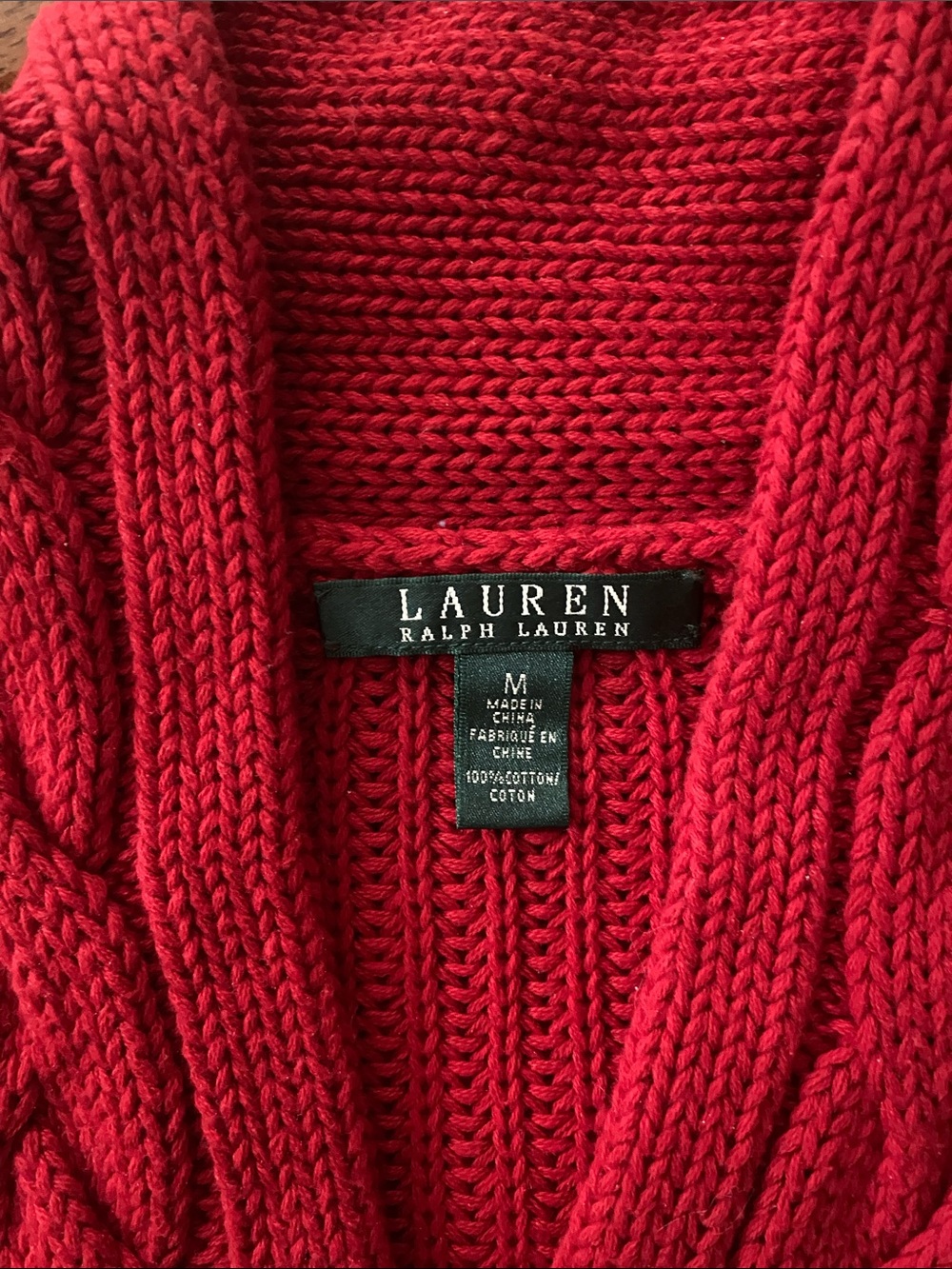 Ralph Lauren Red Cable-Knit Cotton Shawl-Collar Sweater - Picture 2 of 3